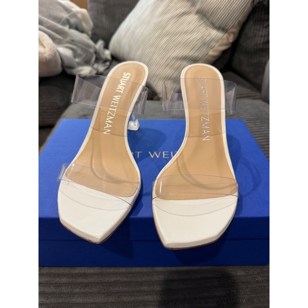 Stuart Weitzman Kristal Clear White Nappa Leather PVC Slide Sandals Size 8B